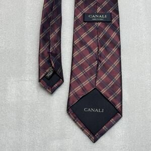 Canali Mens Silk Tie Burgundy Tan Plaid Check Luxury Made in Italy Ivy Preppy